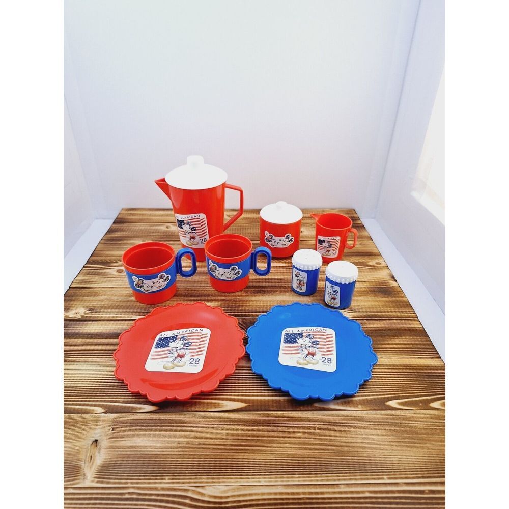 VINTAGE 11 PC TEA SET MICKEY @ Minnie MOUSE All American Red White Blue Est. 28